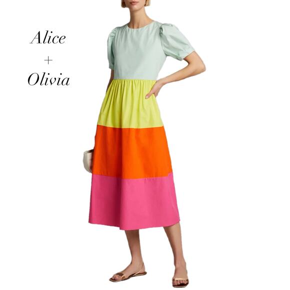 Alice + Olivia Linnie Puff Sleeve Colorblock Tiered Midi Dress NWT Size 0